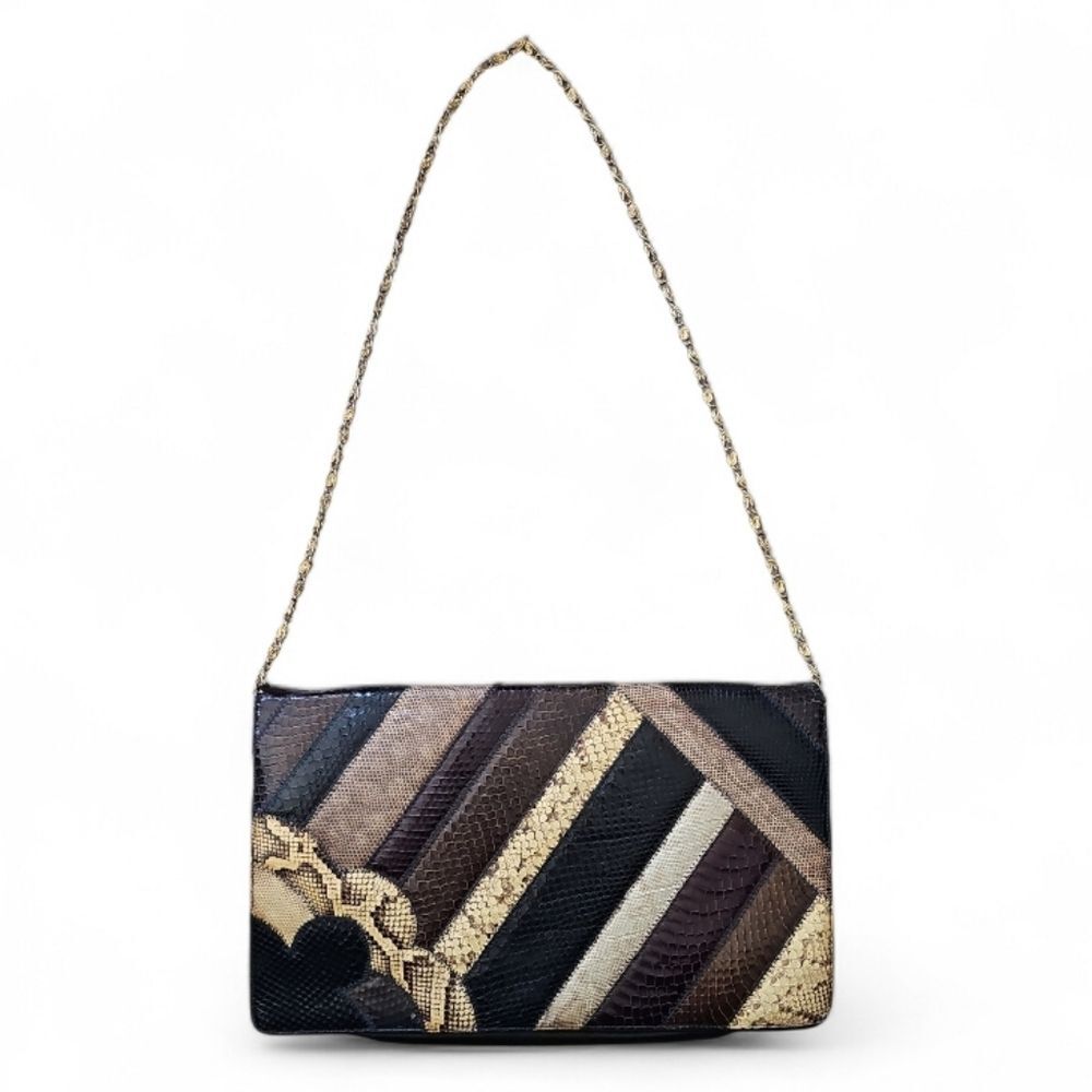 Vintage Patchwork Leather Chain Clutch Bag Snakeskin Stripe Shoulder Purse